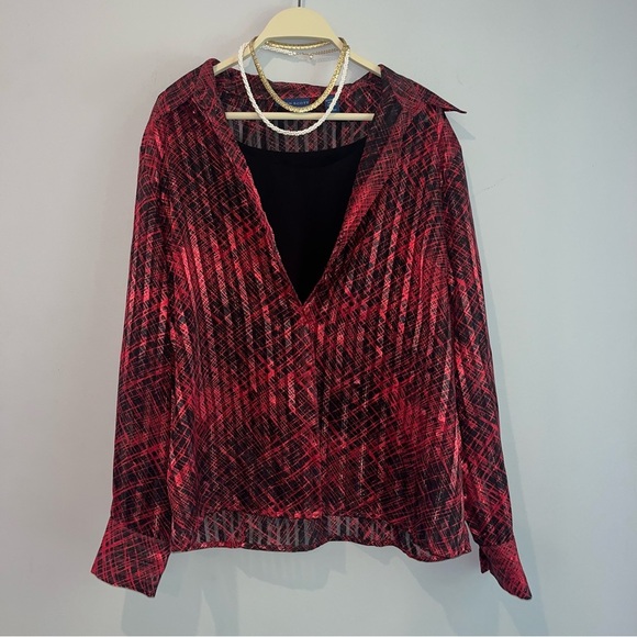 Karen Scott Tops - Karen Scott red black geometric sheer long sleeve button up blouse large